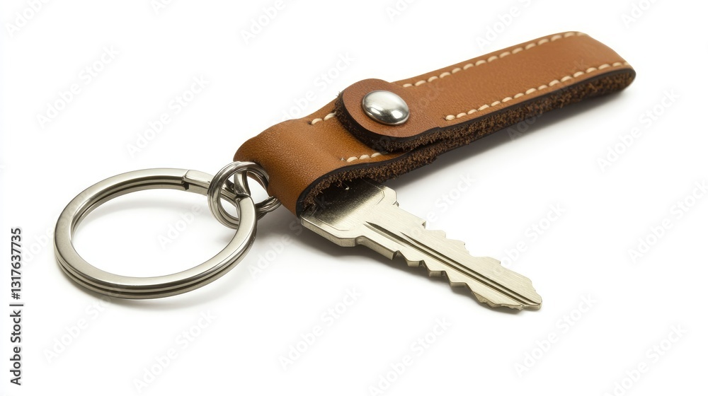A luxury leather keychain with a stitched border against a clean white backdrop. A luxury leather keychain with a stitched border against a clean white backdrop.