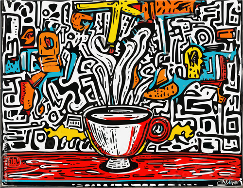 Orange coffee cup with saucer on a magical fancy background. Vector graphics.EPS.