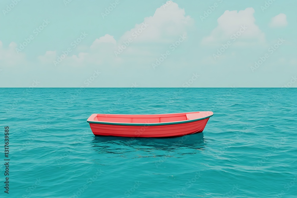 A vibrant red boat floating peacefully on calm turquoise waters under a clear blue sky A vibrant red boat floating peacefully on calm turquoise waters under a clear blue sky