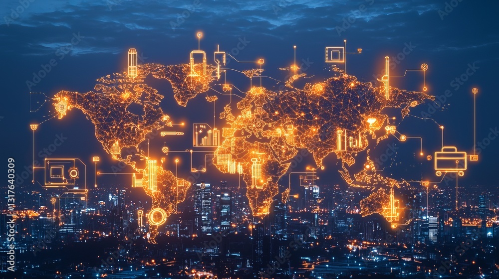 Fototapeta premium Digital world map with glowing network connections over a city skyline at dusk.