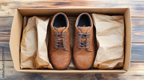 A new pair of sneakers carefully packed inside a shoebox with folded paper wrapping