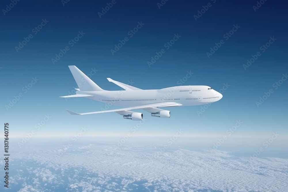 Fototapeta premium Commercial Airplane Soaring High Above the Clouds in a Clear Blue Sky