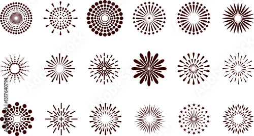 Firework icons. Radial firework explosions, celebration salute. Diwali, Christmas and Independence Day festive bursting light elements. Vector silhouettes set. Bursting festive lights isolated