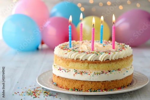 Birthday Cake with Colorful Candles and Balloons in Festive Celebration photo