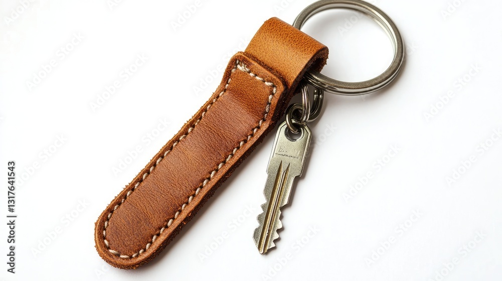A premium leather keychain with a snap hook lying on a white backdrop. A premium leather keychain with a snap hook lying on a white backdrop.