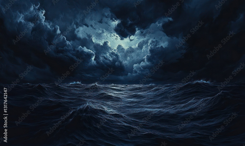 Stormy Ocean Waves Under Dramatic Clouds at Night with Light Beams Stormy Ocean Waves Under Dramatic Clouds at Night with Light Beams