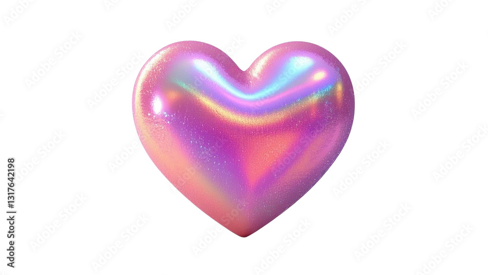 A shimmering 3D pink heart with an iridescent surface, reflecting subtle hues of light, isolated on a transparent background, A shimmering 3D pink heart with an iridescent surface, reflecting subtle hues of light, isolated on a transparent background,