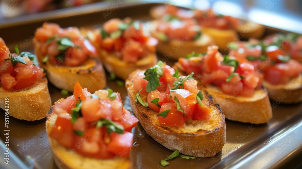 Tomato bruschetta on a tray with garnishes around each piece Tomato bruschetta on a tray with garnishes around each piece