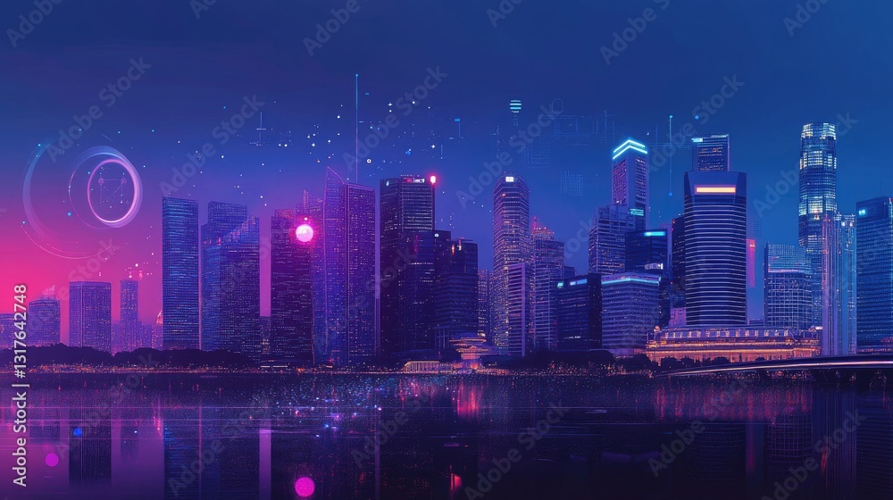 Obraz premium Cyberpunk Cityscape, Neon Lights and Digital Reflections
