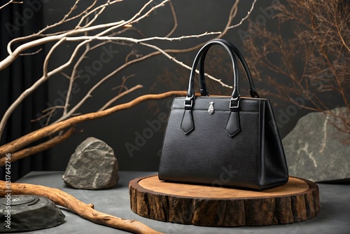  Elegant Black Leather Handbag on Wooden Surface with Artistic Decor photo