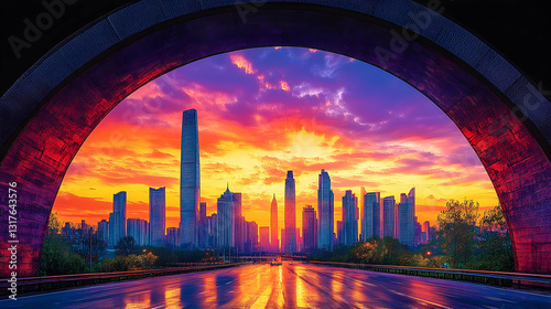 A vibrant sunrise over a modern cityscape, framed by an arched tunnel.  Urban skyline with skyscrapers bathed in a colorful sunset