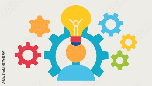 Positive Mindset A figure with a lightbulb above their head surrounded by colorful gears representing innovative thinking and a positive approach to problemsolving.