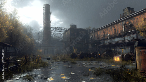Abandoned factory complex on a rainy day.  Ruined structures, overgrown with weeds, and ominous atmosphere