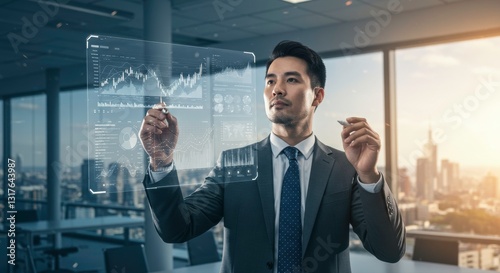 Wallpaper Mural Asian Businessman Analyzing Financial Data on Futuristic Holographic Interface in Modern Office Torontodigital.ca