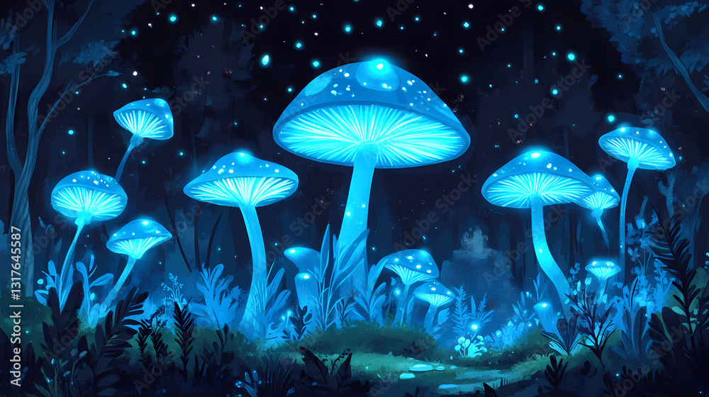 Fototapeta premium Glowing blue mushrooms in a dark forest at night, with a starry sky and glowing plants on a mossy ground. Bioluminescent Glow. Illustration