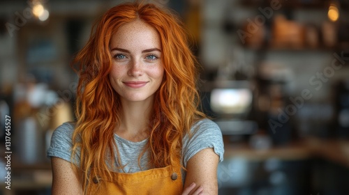 Wallpaper Mural Smiling barista with red hair and freckles is posing in a coffee shop. Portrait of a beautiful waitress smiling with crossed arms in her coffee shop Torontodigital.ca