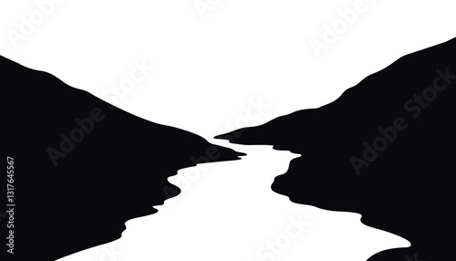 Minimalistic river silhouette flowing through valley, serene balance