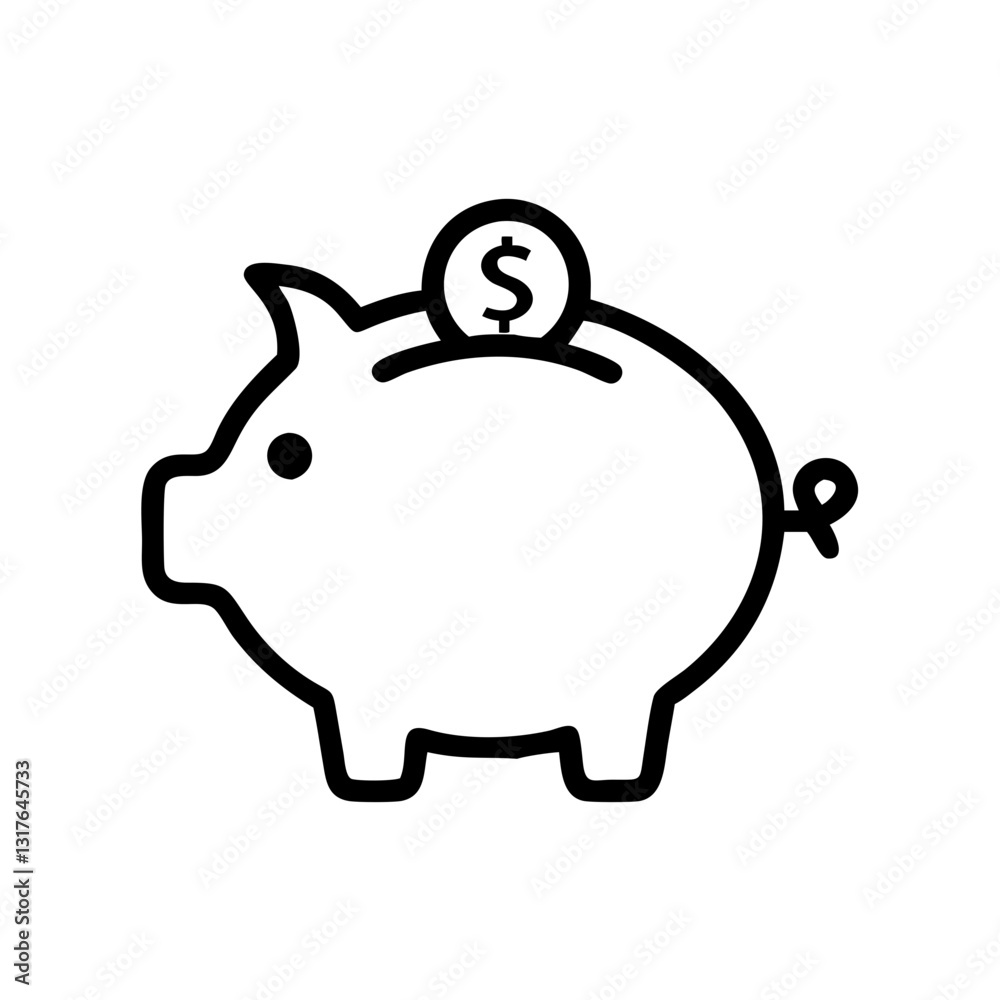Line art piggy bank silhouette with a dollar sign coin being dropped in Line art piggy bank silhouette with a dollar sign coin being dropped in