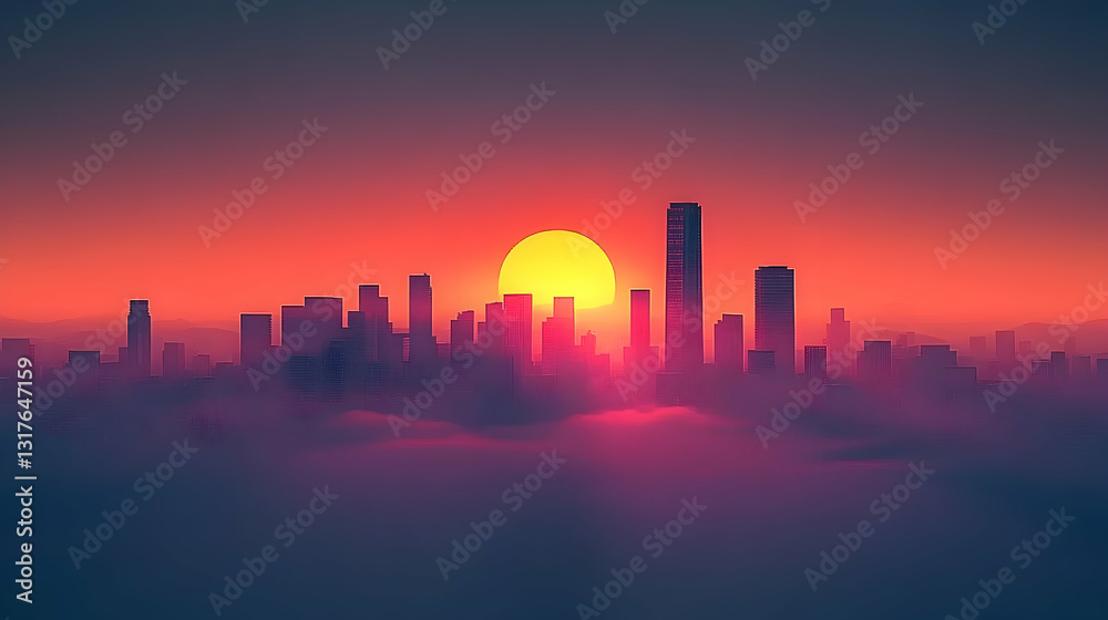 Naklejka premium City skyline at sunset, above clouds