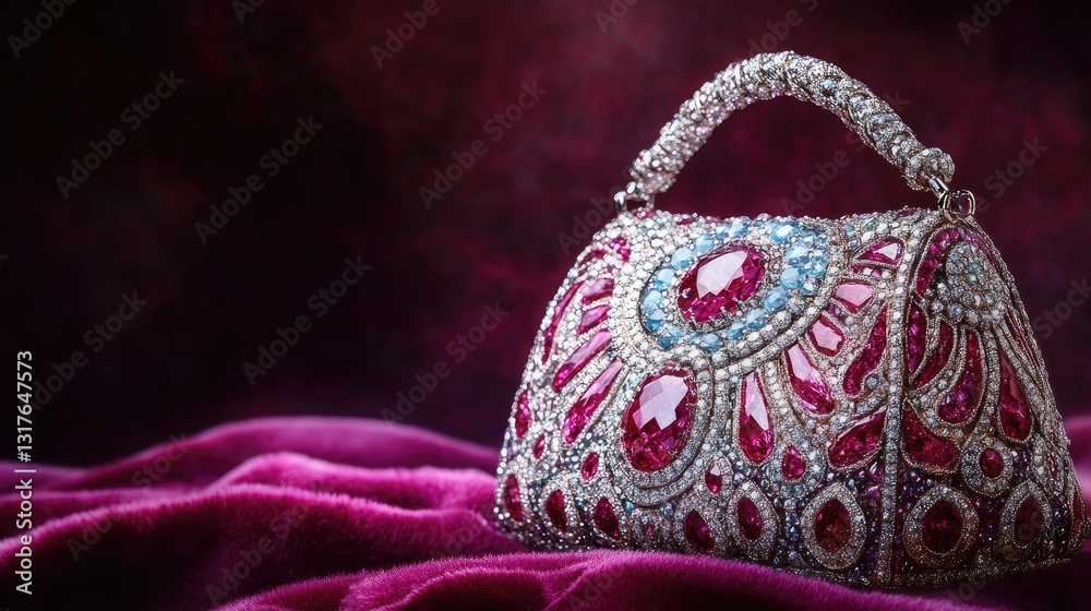 Obraz premium A sparkling gemstone handbag artistically positioned on a velvety purple surface