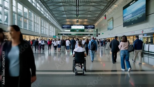Man using wheelchair moving through busy airport terminal or convention center