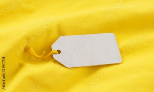 3D label tag mockup on fabric. A rectangular white tag with a rope on a yellow fabric. Label tag on yellow cotton fabric. Empty shopping price blank label, discount template, banner, promotion.