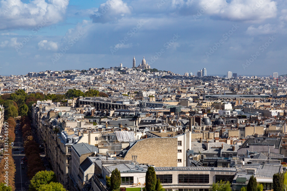 Europe, Paris. Boulevard Champs Elysees . View from the top of the Arc de Triomphe toward Montartre and Sacré-Coeur Basilica.