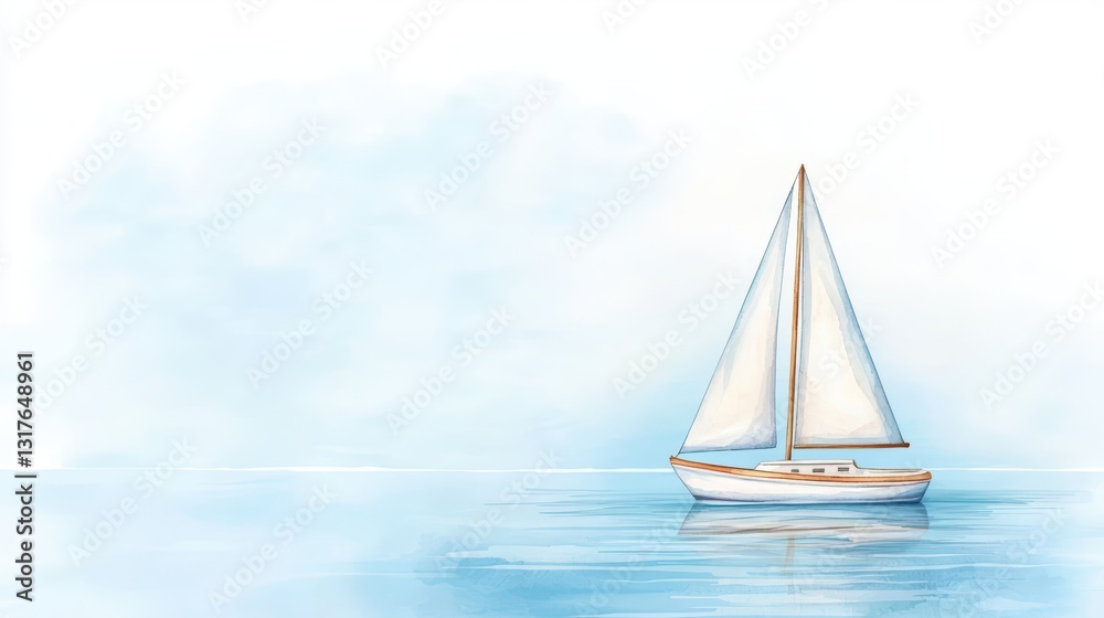 Fototapeta premium Dreamy Watercolor of a Sailing Boat on a Peaceful Sea Under a Bright Sky