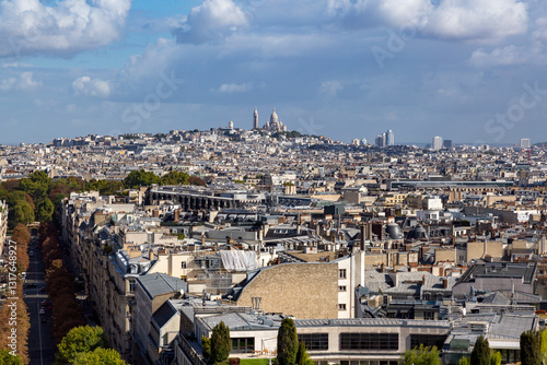 Obraz na płótnie Europe, Paris. Boulevard Champs Elysees . View from the top of the Arc de Triomphe toward Montartre and Sacré-Coeur Basilica. w salonie