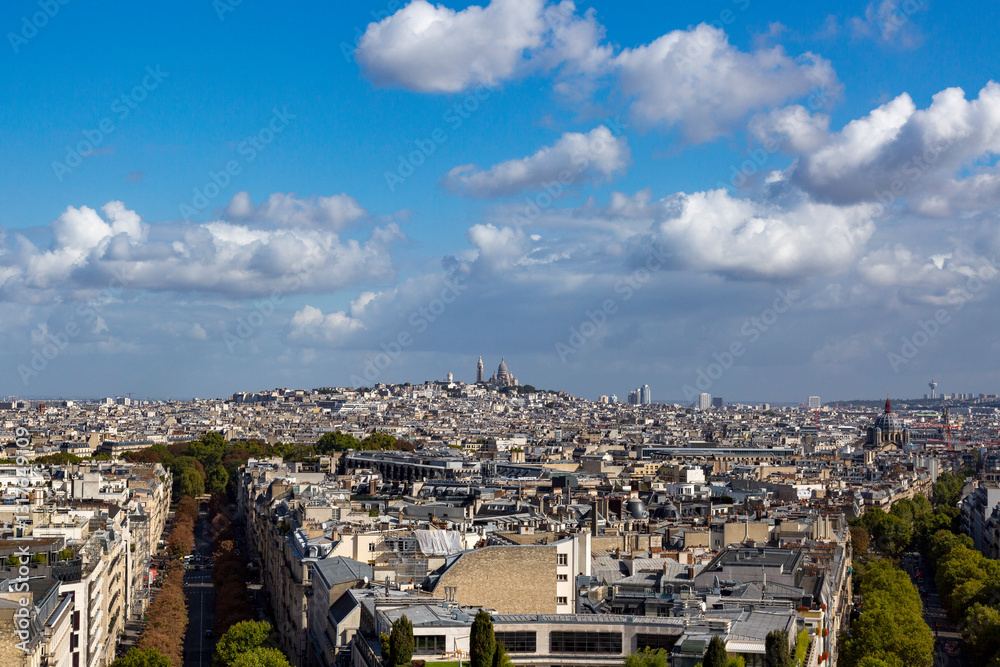 Europe, Paris. Boulevard Champs Elysees . View from the top of the Arc de Triomphe toward Montartre and Sacré-Coeur Basilica.