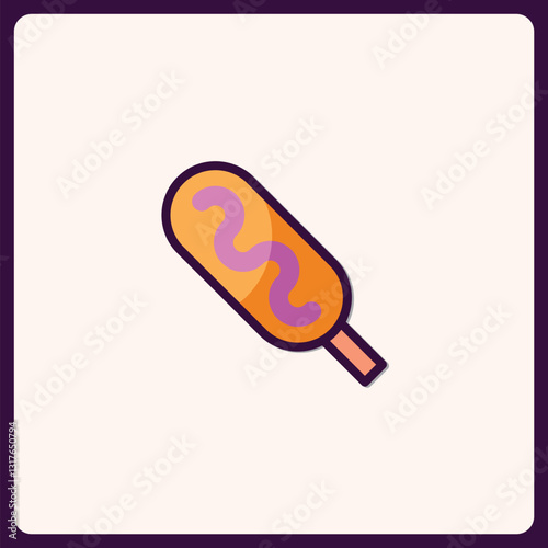 Playful Corn Dog Icon with Mustard Swirls on a Stick, Whimsical Design