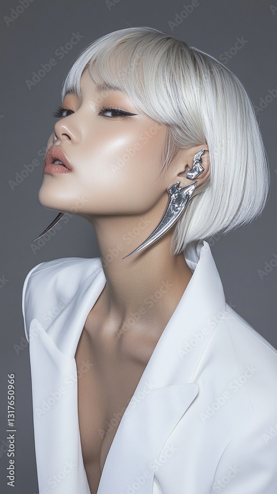 Stunning East Asian Supermodel with Platinum Blonde Bob, Futuristic Silver Ear Cuffs, and Avant-Garde Makeup in High-Fashion Photography Stunning East Asian Supermodel with Platinum Blonde Bob, Futuristic Silver Ear Cuffs, and Avant-Garde Makeup in High-Fashion Photography