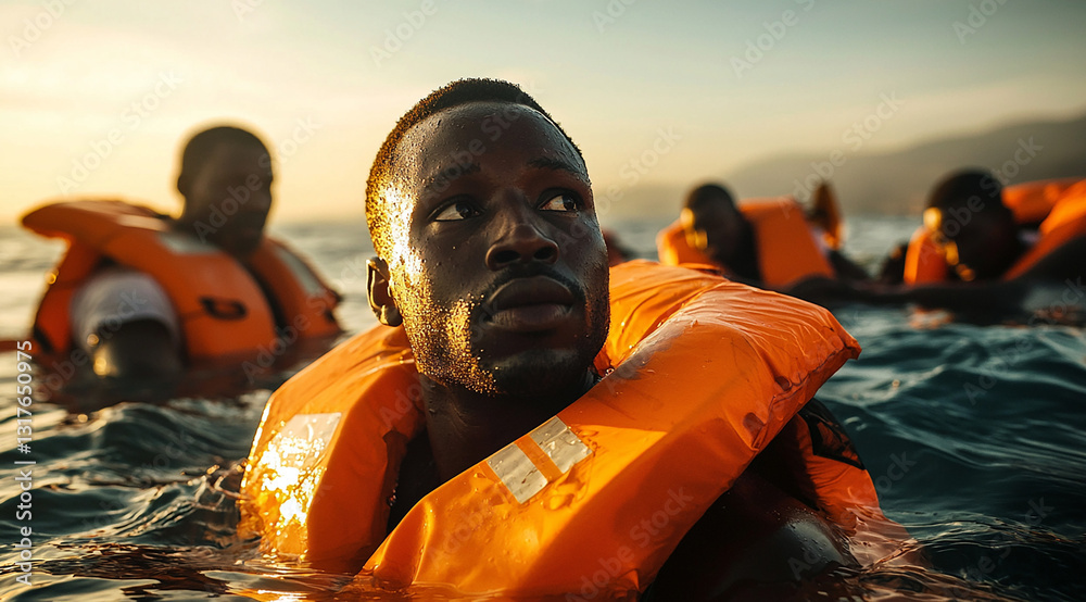 bien au large migrants sauvetage dans l'eau en mer. IA GENERATED
