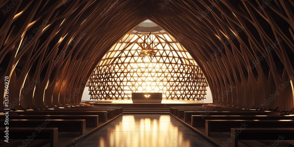 Obraz premium Futuristic Wooden Lattice Church Interior with Arched Ceiling and Ambient Lighting