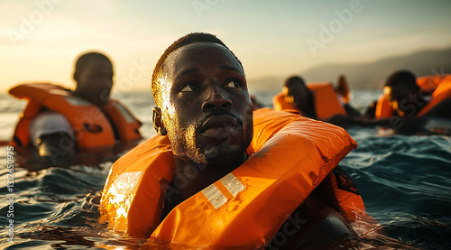 Obraz na płótnie bien au large migrants sauvetage dans l'eau en mer. IA GENERATED w salonie