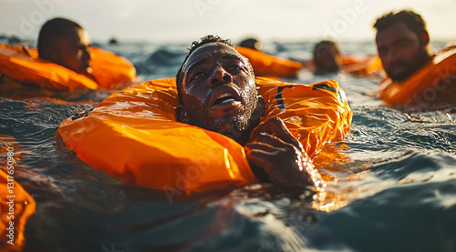 Obraz na płótnie Des migrants sauvetage en mer. IA GENERATED w salonie