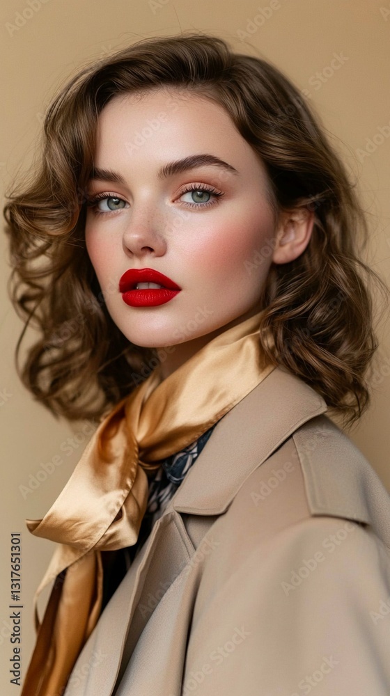 Timeless European Supermodel with Classic Hollywood Glamour, Red Lipstick, Winged Eyeliner, Silk Scarf, and Trench Coat - Luxury Editorial Photography on Champagne Beige Background Timeless European Supermodel with Classic Hollywood Glamour, Red Lipstick, Winged Eyeliner, Silk Scarf, and Trench Coat - Luxury Editorial Photography on Champagne Beige Background