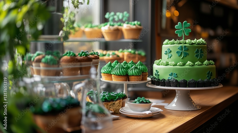 Naklejka premium Festive Bakery Shop Window Display for St. Patrick's Day with Green Cakes and Shamrock Decor