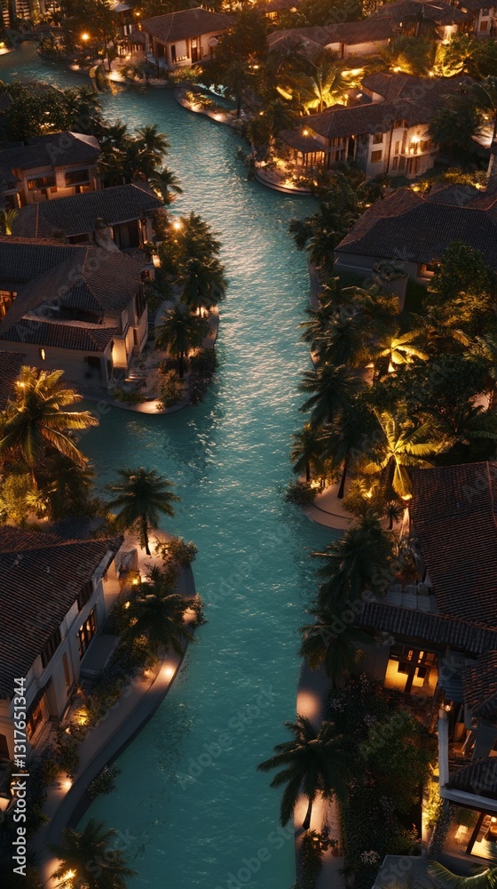 Obraz premium Breathtaking Aerial View of Luxurious Tropical Lagoon City at Sunset with Elegant Villas and Turquoise Canals