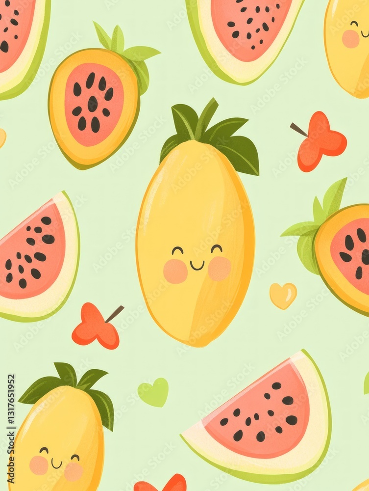 Colorful pixelated fruit pattern with smiling papaya and watermelon slices on a light green background Colorful pixelated fruit pattern with smiling papaya and watermelon slices on a light green background