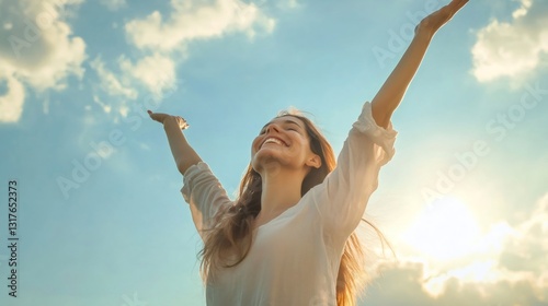 Happy woman raising arms to the sky feeling freedom and happiness