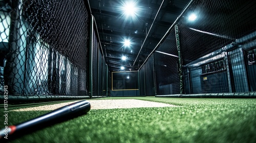Immersive Indoor Baseball Batting Cage with Dynamic Lighting and Deep Perspective