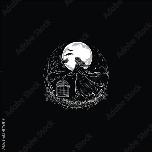 women carry iron cages at night design vector template illustration