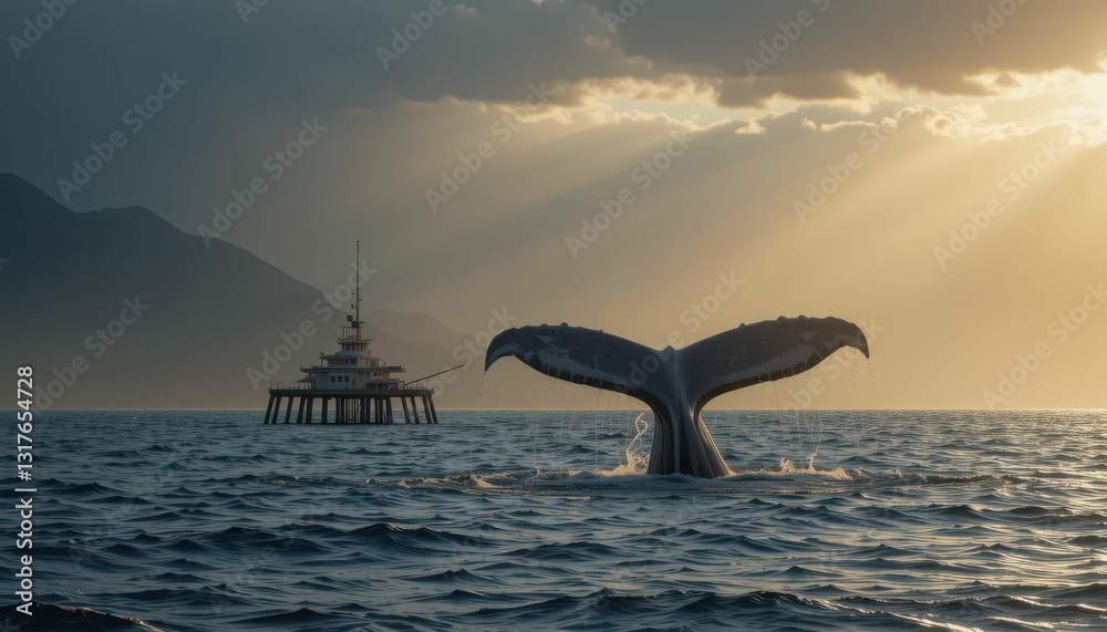 Fototapeta premium Majestic Whale Tail Emerging from Tranquil Ocean Waters at Sunset