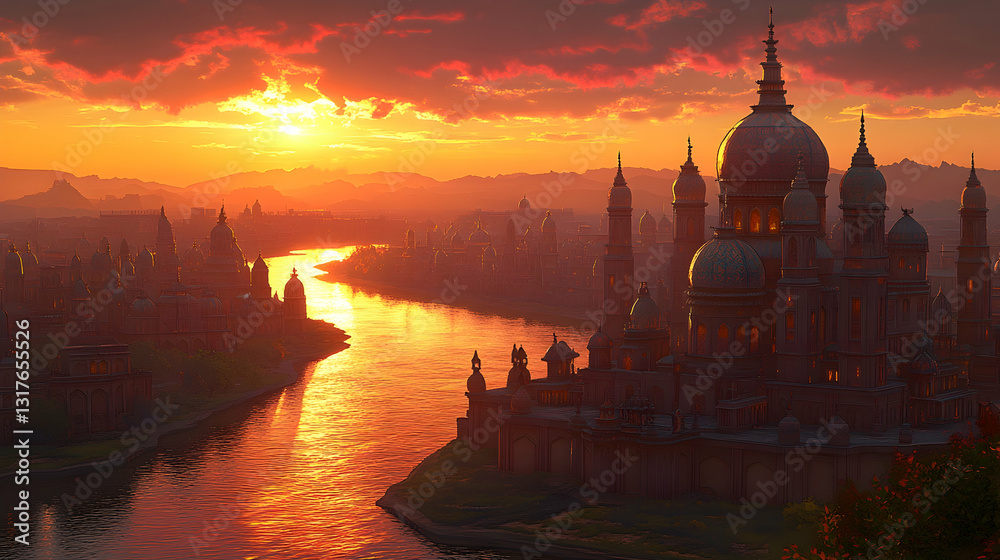 Naklejka premium Golden sunset over a magnificent city by a river. Vast, ancient buildings and a grand cathedral stand tall against a fiery sky