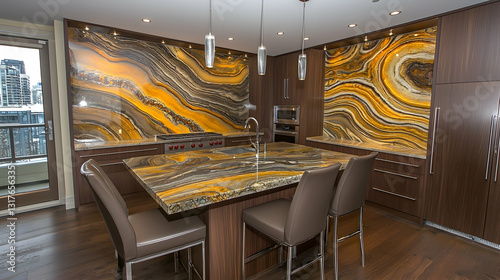 Modern kitchen with yellow and brown marble countertops and backsplash, city view