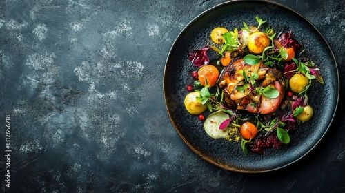 Beautifully plated gourmet dish with vibrant colors and rich textures, elegantly arranged on a rustic dark plate