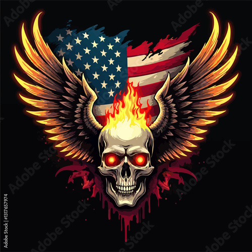 Biker vector t-shirt design with fire human skull,
wings, flame on usa flag background.
Fashionable print for fabric, paper, men clothing,
hoodie, jacket. T shirt american template.