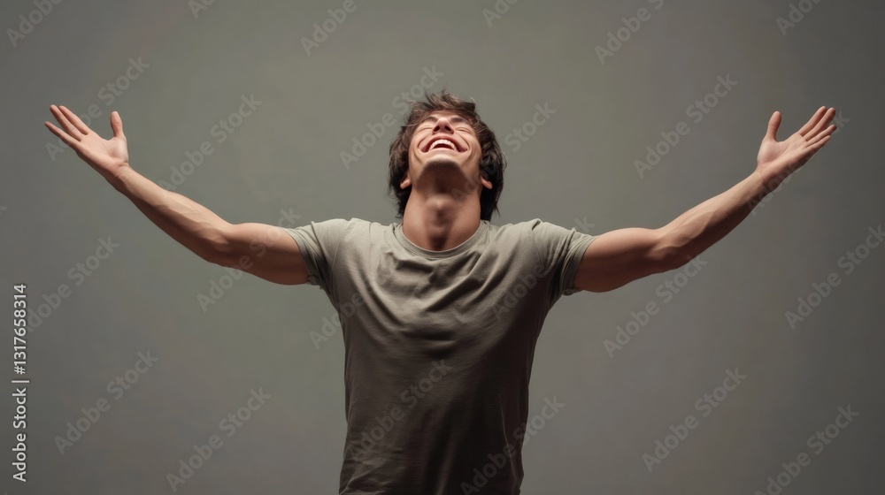 Young man raising arms and expressing excitement with open mouth Young man raising arms and expressing excitement with open mouth
