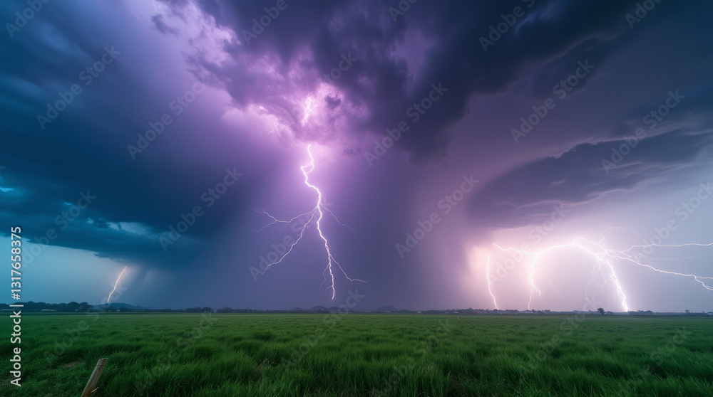 Massive Tornado Rips Through a Vividly Green Field Under a Mesmerizing Sky Painted with Shades of Pink and Purple Massive Tornado Rips Through a Vividly Green Field Under a Mesmerizing Sky Painted with Shades of Pink and Purple